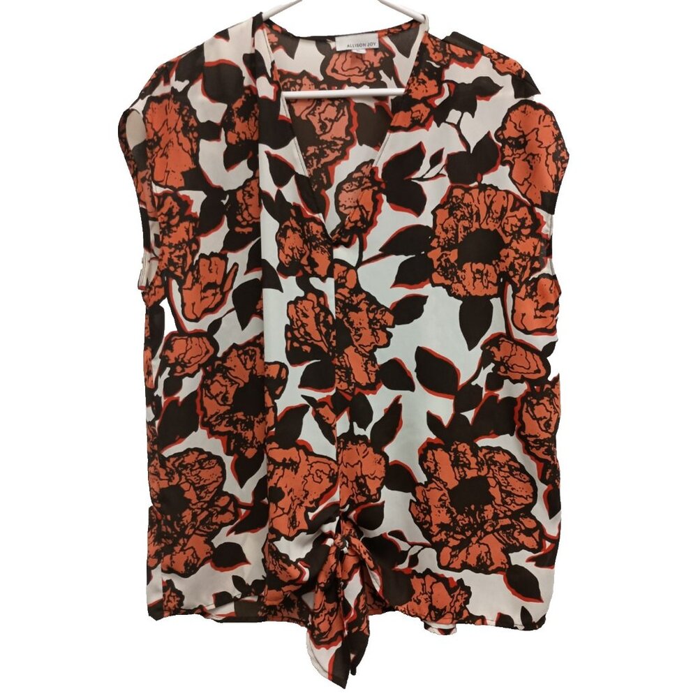 Allison Joy Evereve‎ Womens BOHO Top XL Orange Floral Cap Sleeve Tie Front